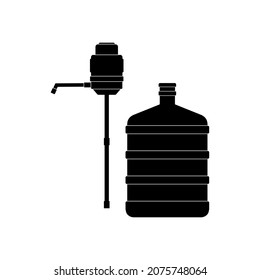Icon of a large bottle for clean water with a hand pump in black on a white background. Vector image.