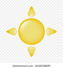 Icône d'un grande soleil de dessin animé avec quatre rayons sur fond transparent. Un soleil tridimensionnel avec des reflets et des rayons. Logo, autocollant soleil. Le concept d'été et de météo. Image vectorielle EPS10.
