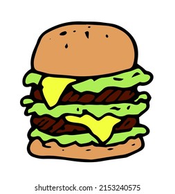 el ícono de una gran hamburguesa. Hamburguesa de un moño con queso fundido amarillo y ensalada verde y dos chuletas con un contorno negro dibujadas a mano en forma de doodle. gran hamburguesa en color plano 