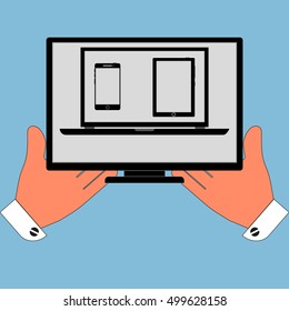 Icon large set of screens and monitors in his hands, isolation on a blue background. Stylish vector illustration for web design.