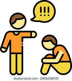 Icon of a larger person pointing aggressively at a smaller crouching person representing physical intimidation and bullying behavior