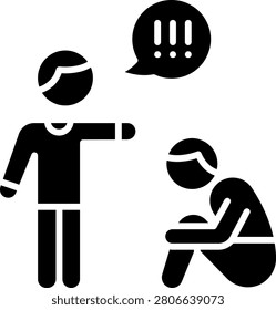 Icon of a larger person pointing aggressively at a smaller crouching person representing physical intimidation and bullying behavior