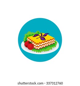 Icon lasagna with basil and tomatoes in a flat style.