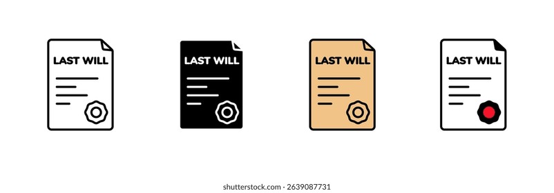 Icon of a last will document in four styles, featuring modern, simple designs with distinct colors.