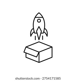 icon a launch hype with a rocket flying out of an open box, isolated against a clean background.