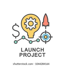 Icon launch project. Creation of an innovative project, financing and launch. The thin contour lines with color fills.