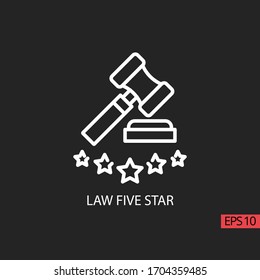 Icon law or justice with five stars perfect line, outline vector sign, linear style pictogram isolated on black. Contains such Law, Justice, Business and Legal. Sign or symbol