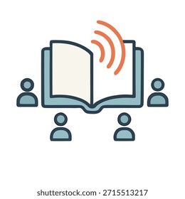 Icon "Learning in Public": An open book with sound waves emanating, surrounded by small people.