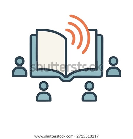 Icon "Learning in Public": An open book with sound waves emanating, surrounded by small people.