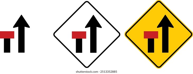 icon Left lane ends sign yellow outline traffic warning sign design for yellow background and black and white background
