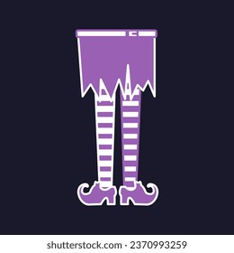 Icon of legs, shoes, skirt with strap in naive style. Haloween illustration in purple tones. Icon. Clipart. Isolated element.	