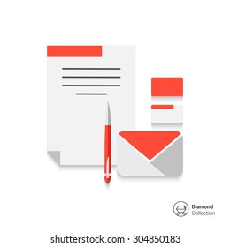 Icon of letter, paper envelope, pen, business cards