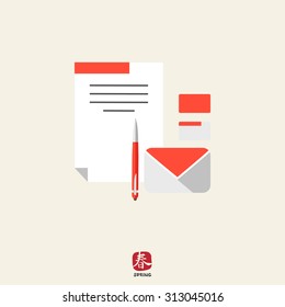 Icon of letter, paper envelope, pen, business cards