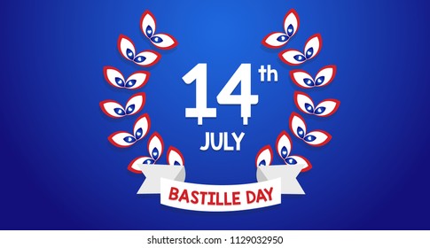 Icon and Lettering 14th july happy bastille day with blue background