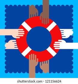 icon of life buoy and hands in water