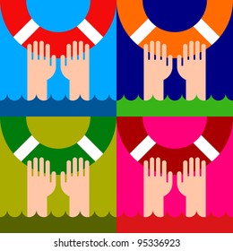 icon of life buoy and hands in water