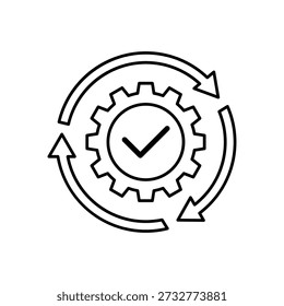 Ícone um ciclo de gerenciamento do ciclo de vida com engrenagem e marca de seleção, isolado contra um fundo limpo.