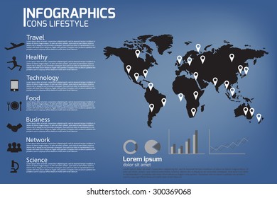 Icon lifestyle with world map, infographics vector.