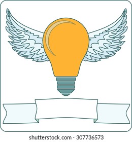 Icon light bulb lamp with wings, halo, banner background, lamp as emblem or logo, vector illustration