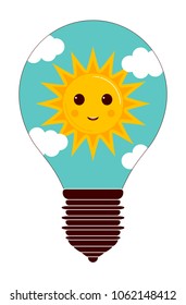 icon of a light bulb with the sun on a blue sky and white clouds. concept of a fluorescent lamp