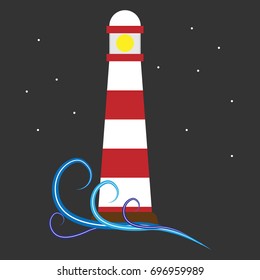 Icon of the lighthouse. Red and white lighthouse on the islet. Lighthouse with waves. Vector illustration.
