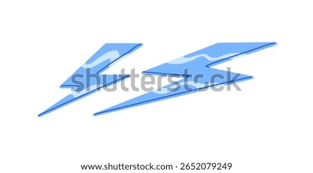 Icon of lightning bolts. Blue thunder lights. Sign of electric power and energy. Symbol of electricity. Strike of thunderbolts, thunderstorm. Flat isolated vector illustration on white background
