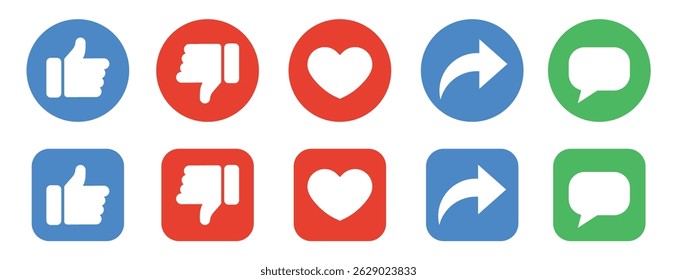 Icon of like, dislike, share, love, comment. Social post button with thumb, dislike, heart and love symbols. Social media elements.	
