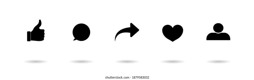 Icono de me gusta, comparte, comenta, republica y amor. Logotipos para botones de medios sociales. Símbolos planos con un post sobre fondo blanco. Corazón, flecha y mano para un post social. Está configurado para app, blogger y ui. Vector