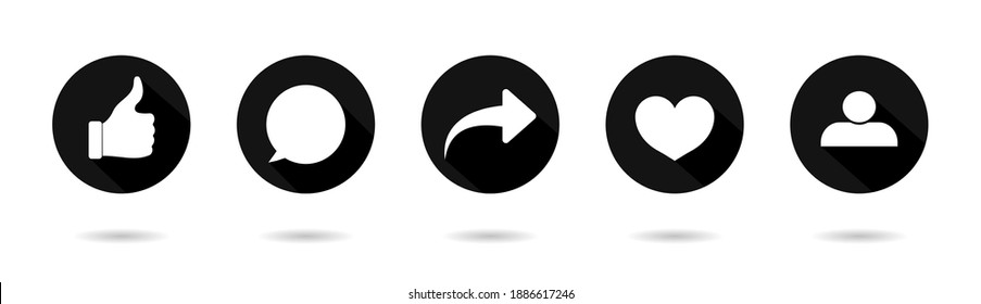 Icono de me gusta, comparte, comenta, republica. Botones para medios sociales. Logotipos de corazón, mensajes, amor, flecha y enviar mensajes. Símbolos gráficos con sombra sobre fondo blanco. Conjunto de signos para la aplicación. Vector.