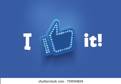 Icon like social network. Hand, big finger up on blue background. I like it!