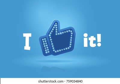 Icon like social network. Hand, big finger up on blue background. I like it!