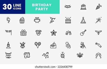 icon line about party, celebration, graduation, gift, birthday, happy new year, firework and more. Editable color, Outline icon style