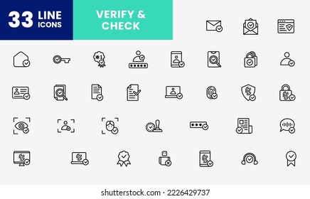 Línea de iconos para verificar, comprobar, verificar, usuario, aprobar, documento, huella digital, seguridad y más. archivo modificable, estilo de icono de línea