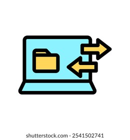 Icon Line Color laptop transfering file. Outline fill color style.