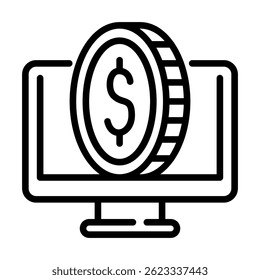 Icon Line of Computer Monitor and Coins for Fintech and Investment Software Development