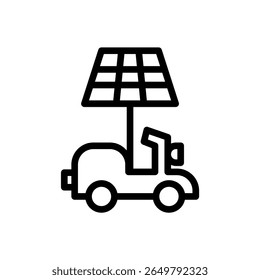 Icon Line electric motorbike powered by solar panel. Free energy, ecology, renewable, green energy and solar power plant concept. Linear and Outline icon.
