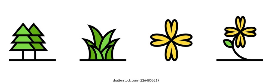 icon line fill color grass leaves, trees, flower, gardening. editable color.