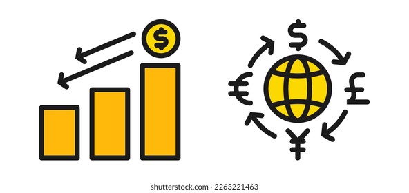 icon line fill currency chart, world currency, dollar, euro, pound, yen. vector illustration