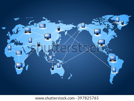 icon with line link on world map (social network concept)