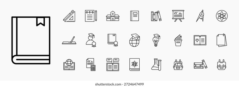 Icono de la línea de vuelta al concepto de la escuela. equipo escolar, lápiz, bolsa, graduación y collage estudiante. Icono de contorno con fondo blanco aislado.