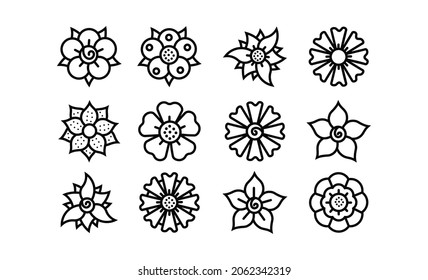 Icon Line Set Blumenbestandteile,Vektor blüht schwarze Umrisssammlung, Linien-Kunstblumen für Design