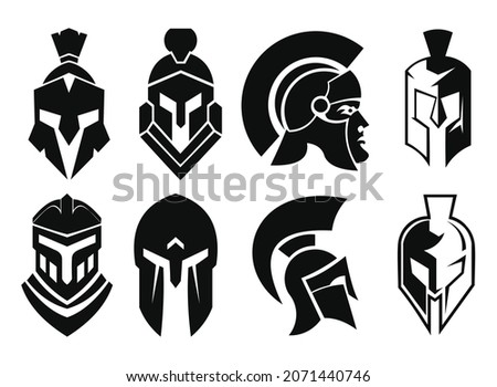 icon line set Spartan warrior logo design template elements, icon gladiator or trojan knight helmet symbo