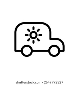 Icon Line solar powered electric car with sun symbol. Free energy, ecology, renewable, green energy and solar power plant concept. Linear and Outline icon.
