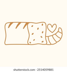 Icono en línea estilo con pan fresco y croissant. Hornear Ilustración vectorial doodle. 