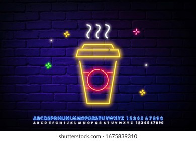 The icon line of tea to take away . Neon laser lights. Sign of a Cup of hot tea. Symbol of a mug for a tea drink. Glowing laser speech bubble. Neon lights dangle like a bubble.