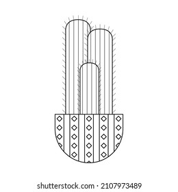 Icon with linear cactus. Linear vector illustration with exotic cactus. Succulent outline logo. Decorative flowering plant in a pot. 