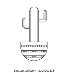 Icon with linear cactus. Linear vector illustration with exotic cactus. Succulent outline logo. Decorative flowering plant in a pot. 