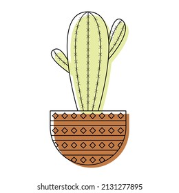 
Icon with linear colorful cactus. Linear vector illustration with exotic cactus. Succulent outline logo. Decorative flowering plant in a pot. 