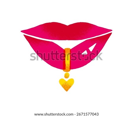 Icon of lips with piercing. Seductive female smile with gold ring. Sexy mouth with red lipstick and golden jewelry with heart shape. Flat isolated hand drawn vector illustration on white background