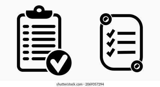 Lista de iconos o lista, programación y registro. Catálogo de etiquetas o control. Bil o calendario, docket. Nomenclatura, rollo de abalorios. Icono del vector.